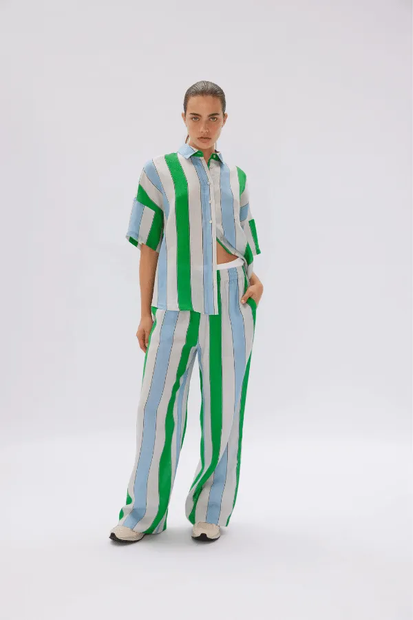 Marala Linen Shirt Verde Azure Stripe - Short Sleeve