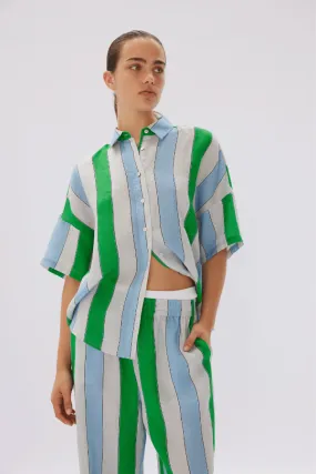 Marala Linen Shirt Verde Azure Stripe - Short Sleeve