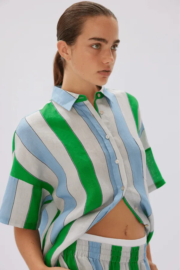 Marala Linen Shirt Verde Azure Stripe - Short Sleeve