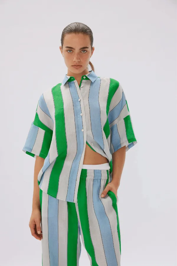 Marala Linen Shirt Verde Azure Stripe - Short Sleeve