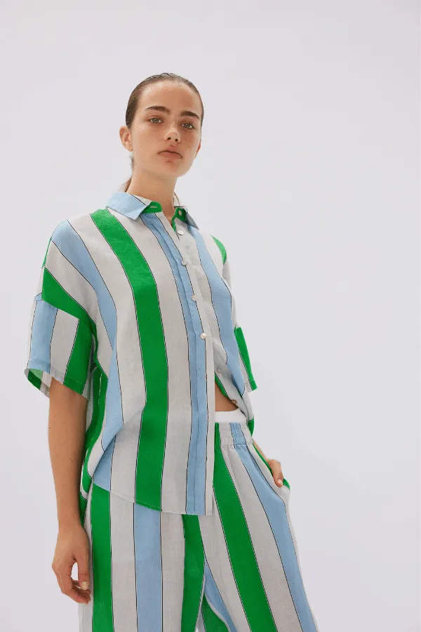 Marala Linen Shirt Verde Azure Stripe - Short Sleeve