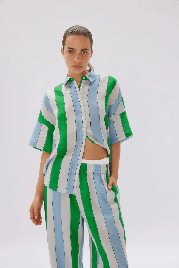 Marala Linen Shirt Verde Azure Stripe - Short Sleeve