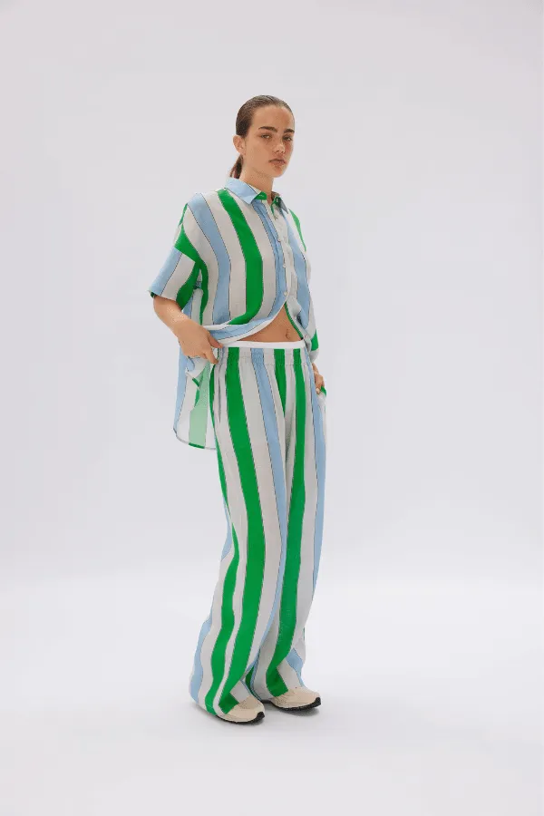 Marala Linen Shirt Verde Azure Stripe - Short Sleeve