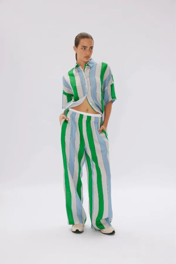 Marala Linen Shirt Verde Azure Stripe - Short Sleeve