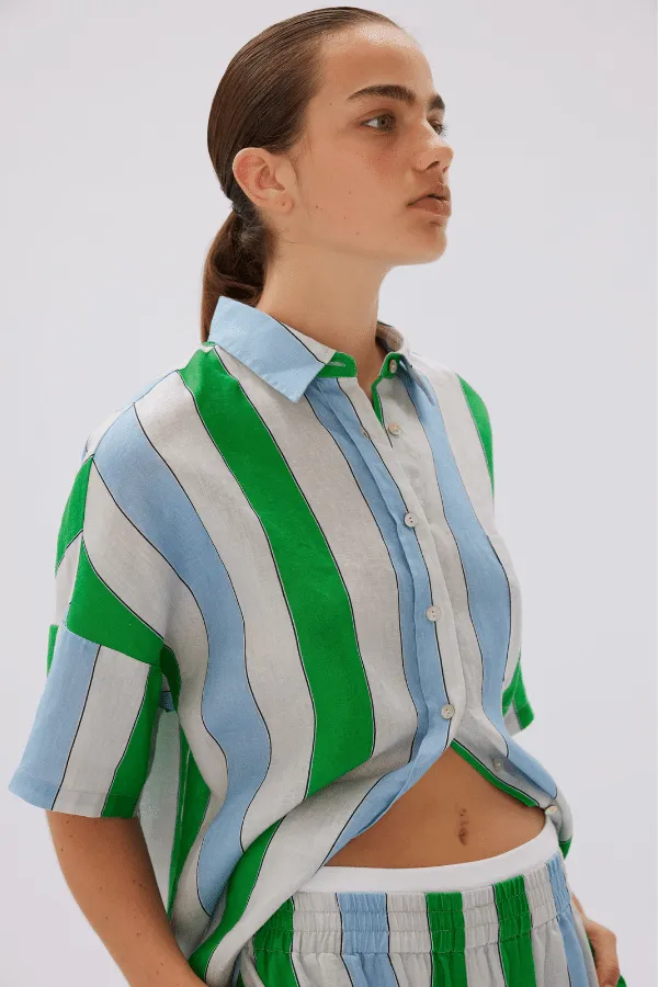 Marala Linen Shirt Verde Azure Stripe - Short Sleeve