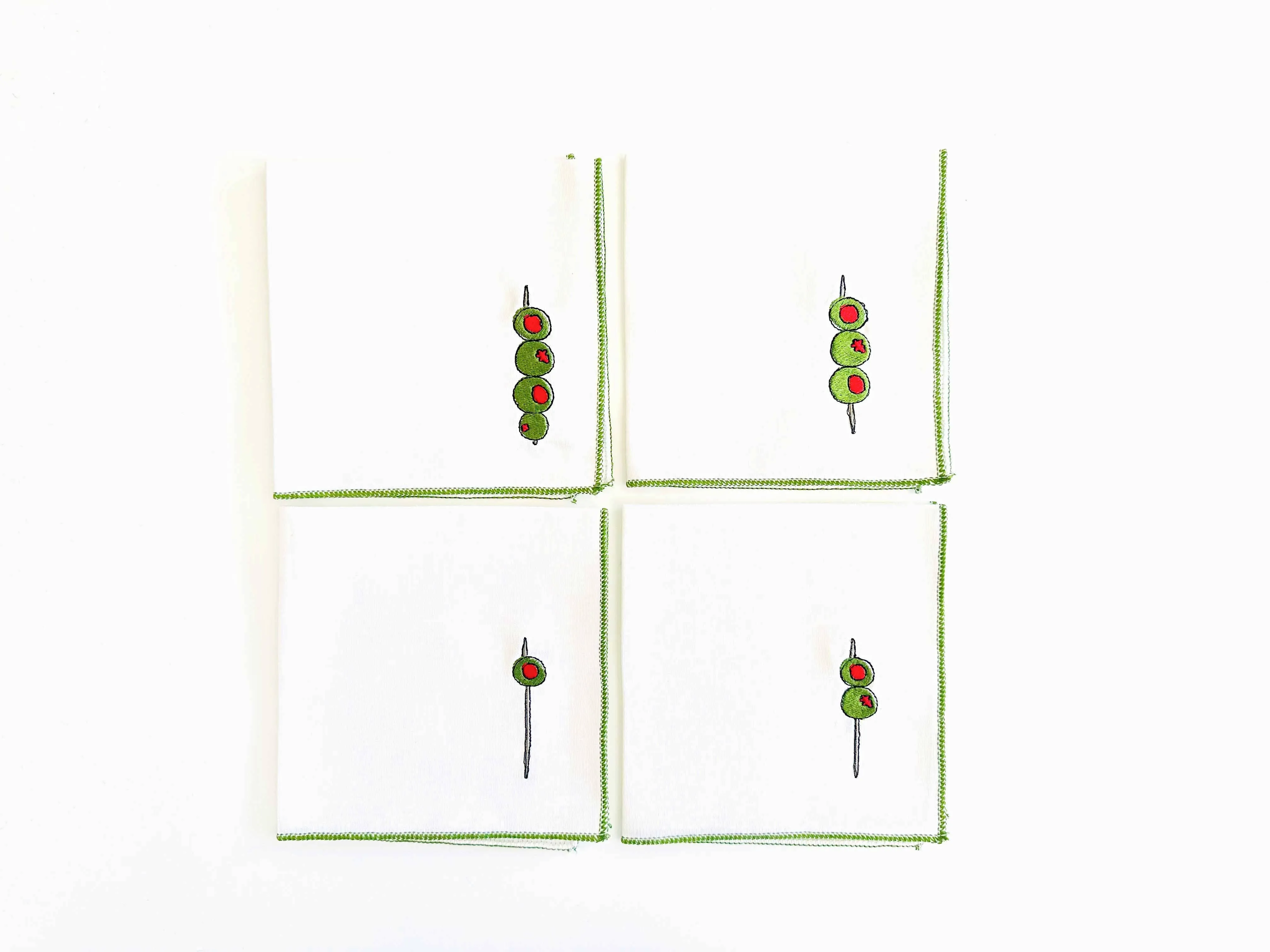 Set of 4 White Martini Olive Cocktail Napkins