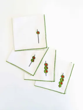 Set of 4 White Martini Olive Cocktail Napkins