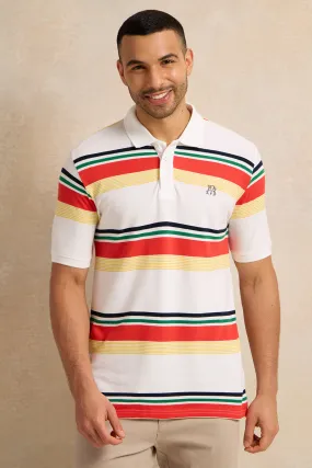 Men Beige Feeder Stripe Pique Polo Shirt