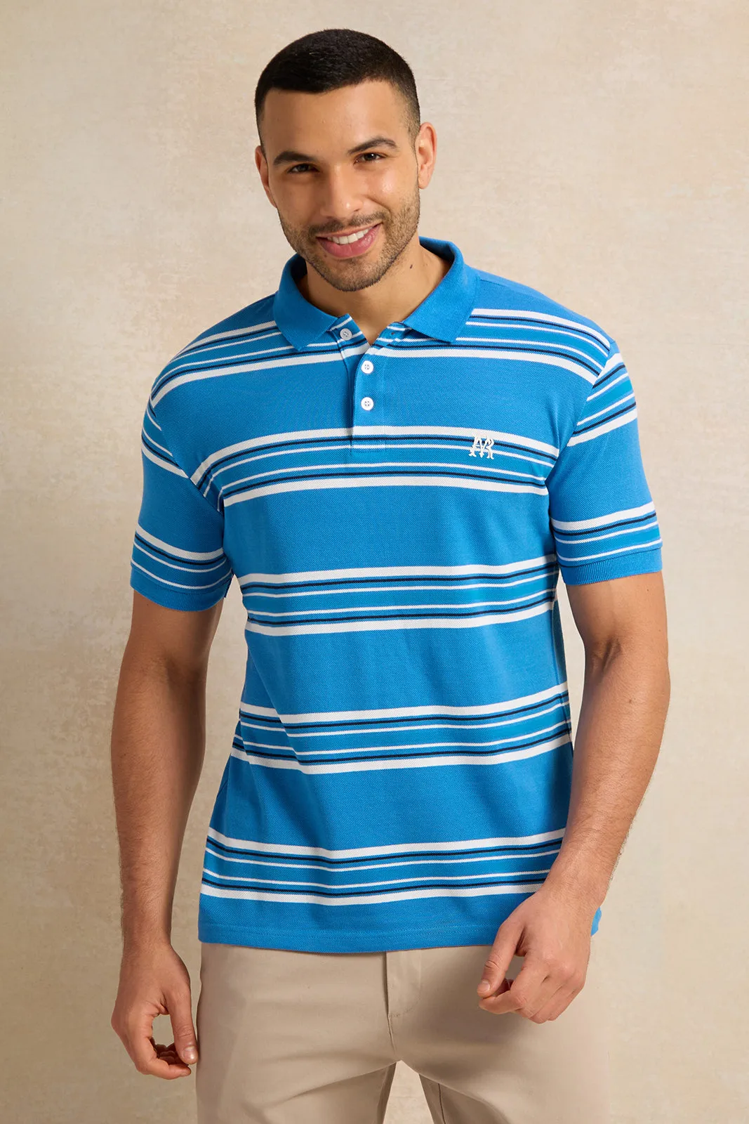 Men Blue Feeder Striped Pique Polo Shirt