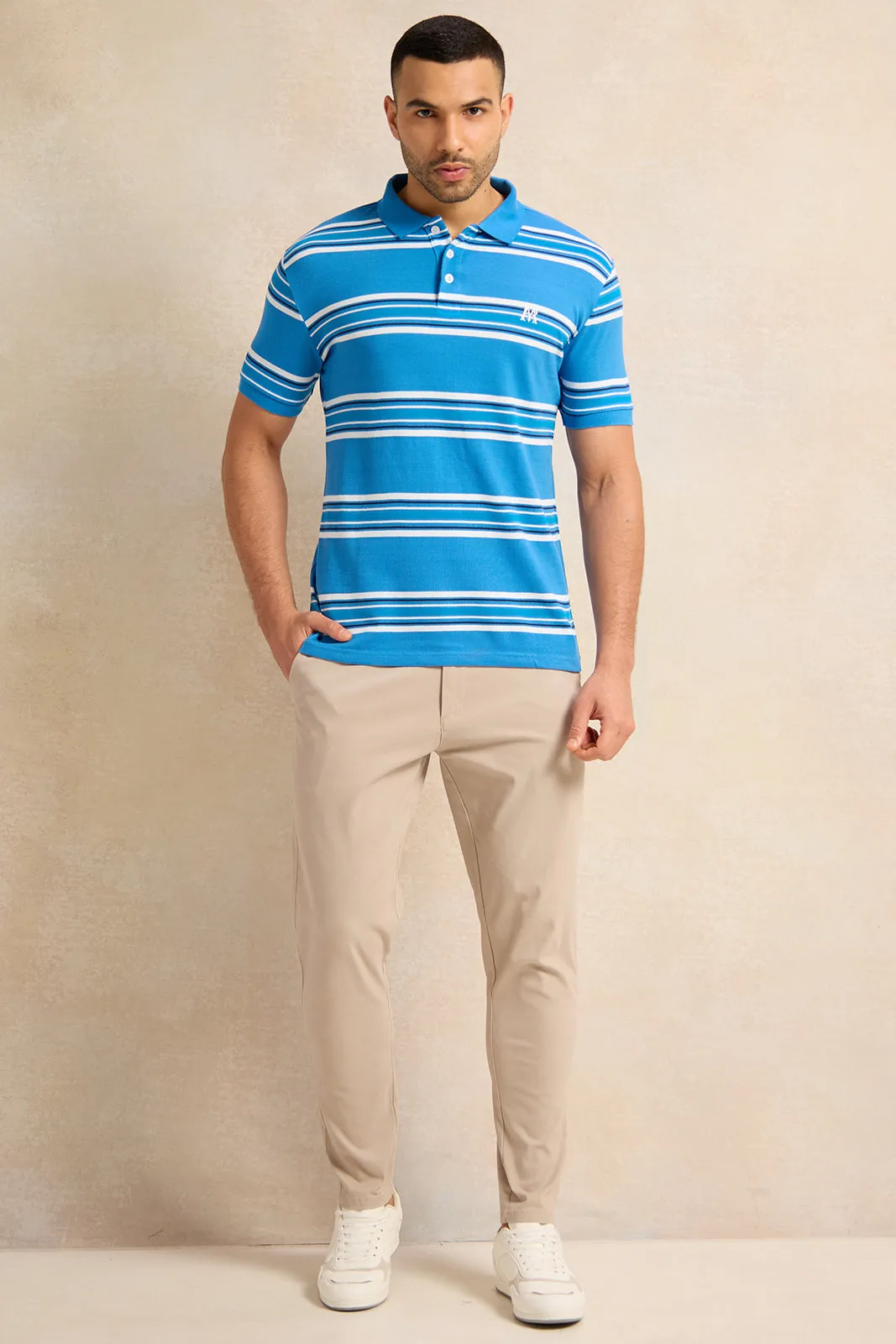 Men Blue Feeder Striped Pique Polo Shirt