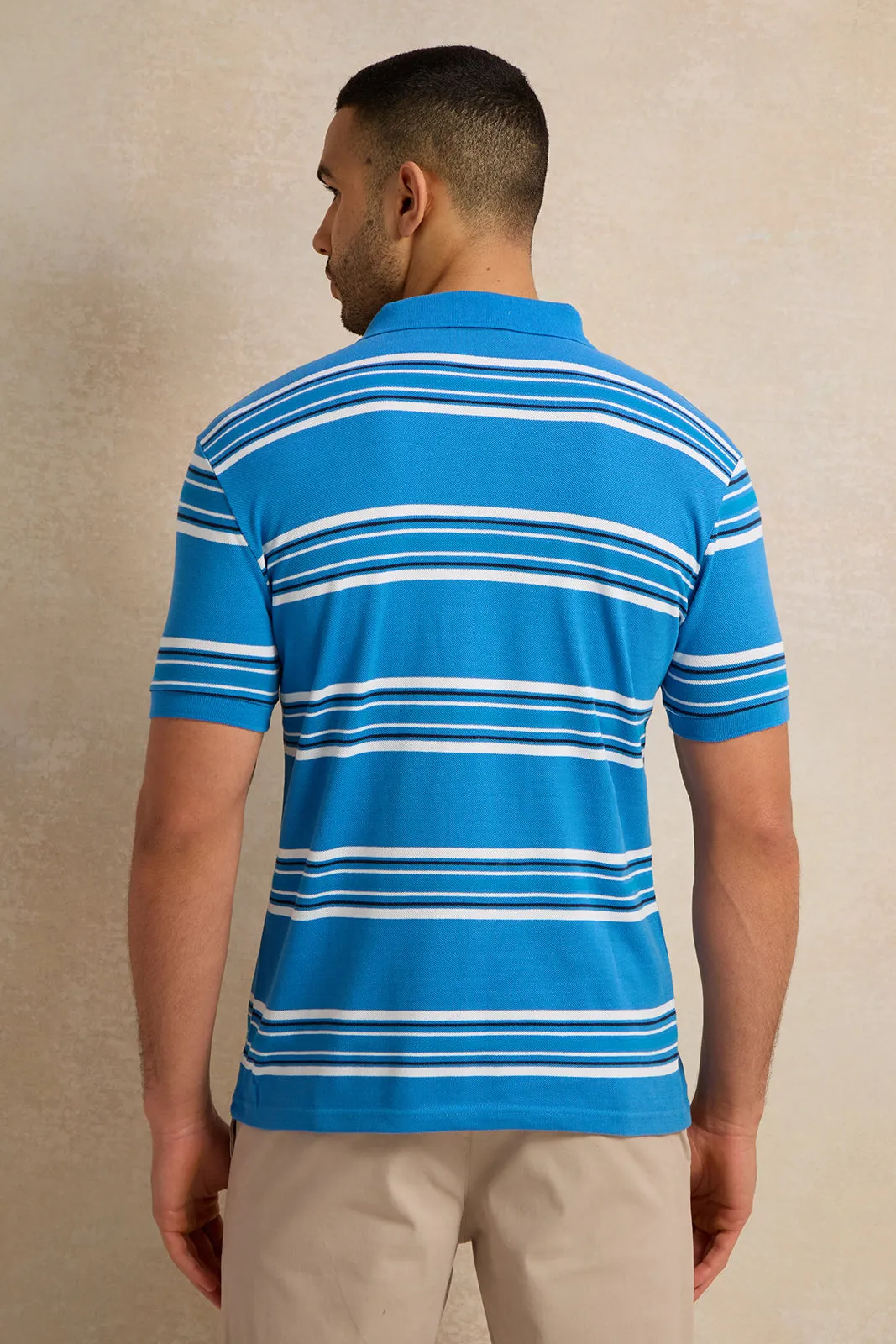 Men Blue Feeder Striped Pique Polo Shirt