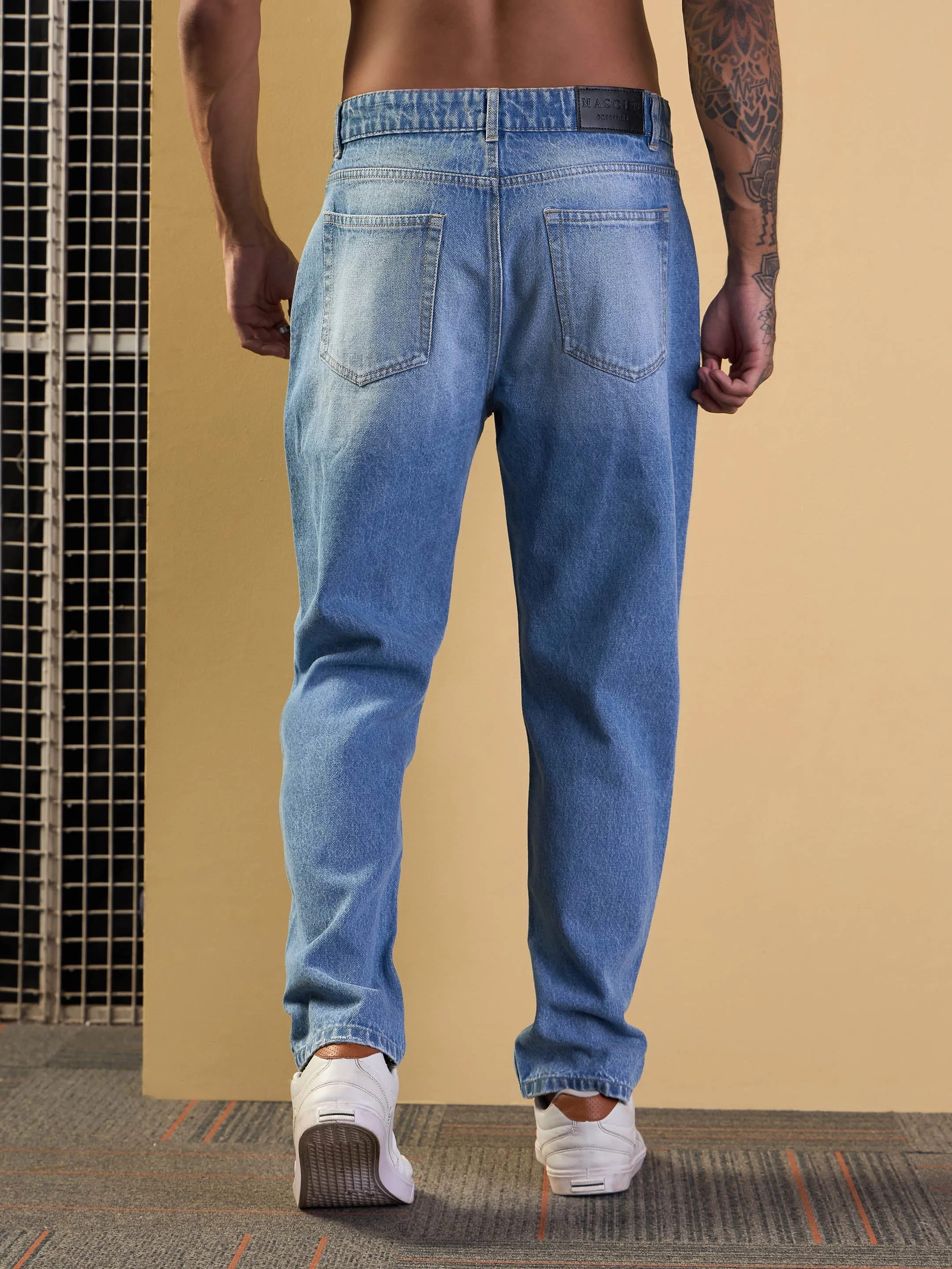 Men Blue Washed Distressed Relax Fit Jeans