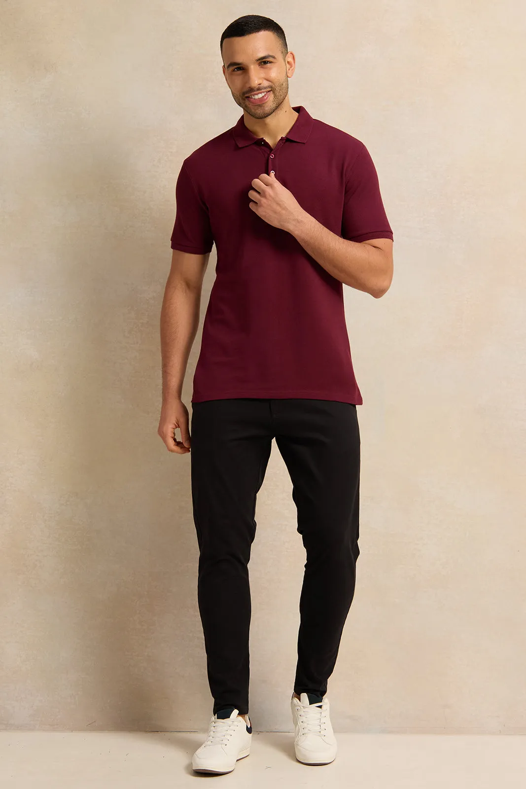 Men Burgundy Solid Pique Polo Shirt