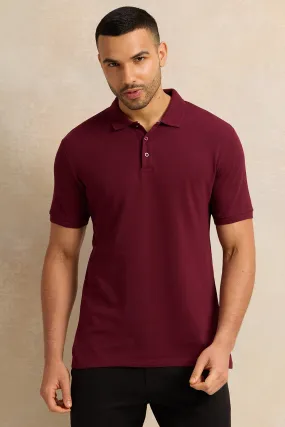 Men Burgundy Solid Pique Polo Shirt