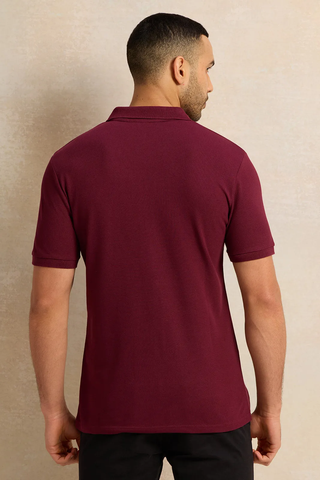 Men Burgundy Solid Pique Polo Shirt