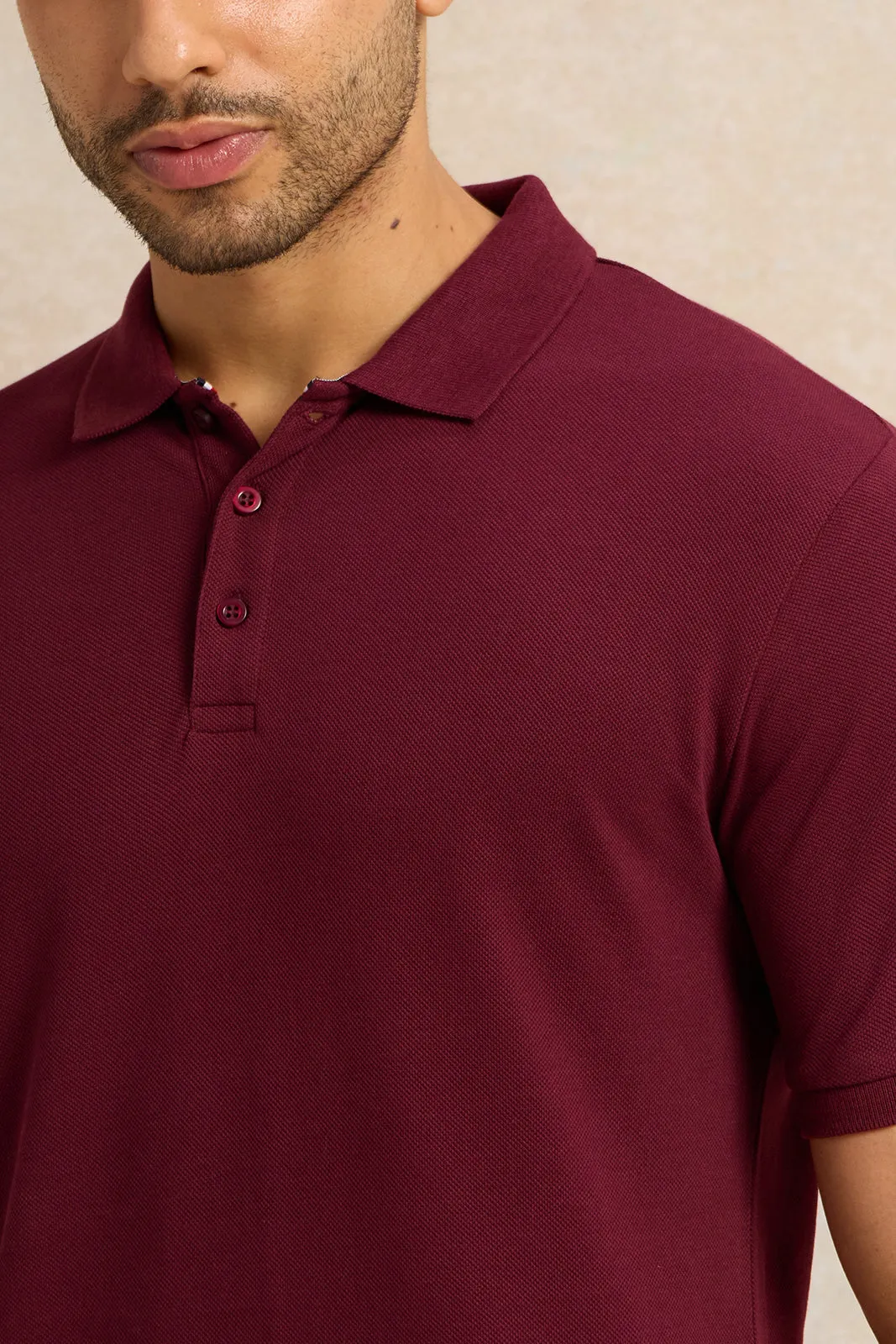 Men Burgundy Solid Pique Polo Shirt