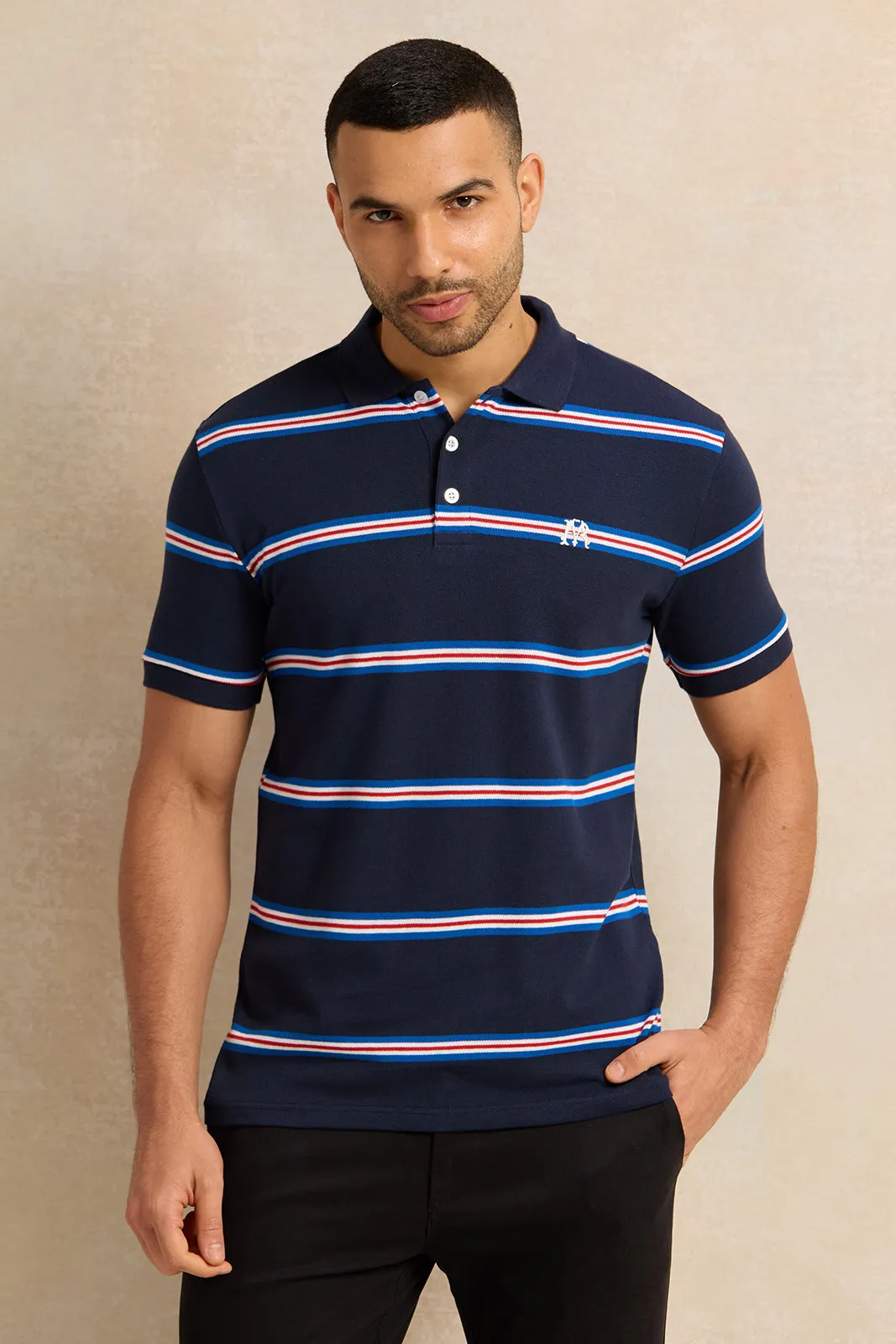 Men Navy Striped Pique Polo Shirt