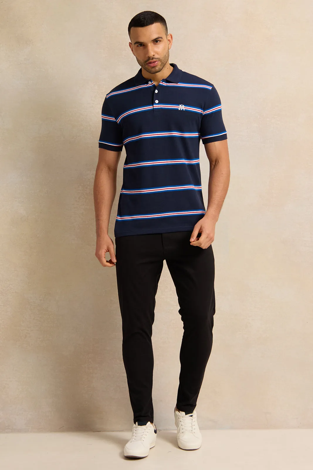 Men Navy Striped Pique Polo Shirt