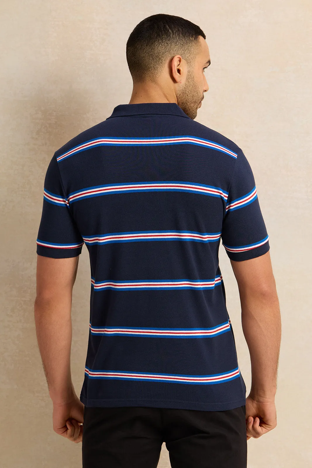 Men Navy Striped Pique Polo Shirt