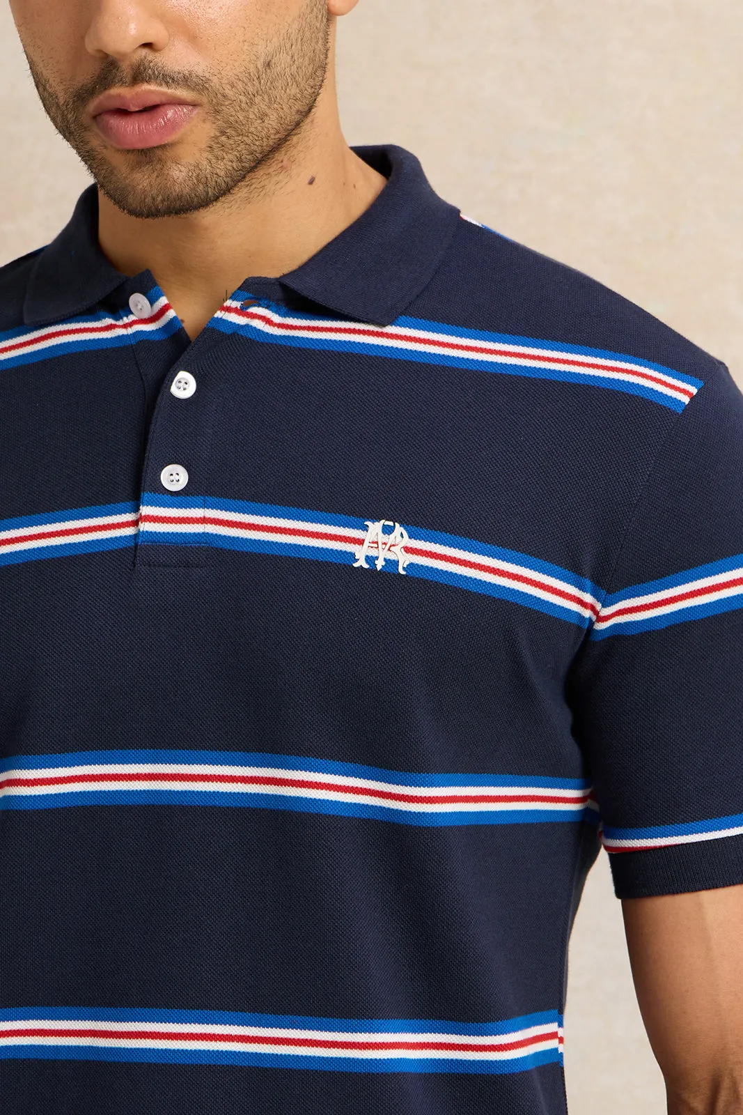 Men Navy Striped Pique Polo Shirt