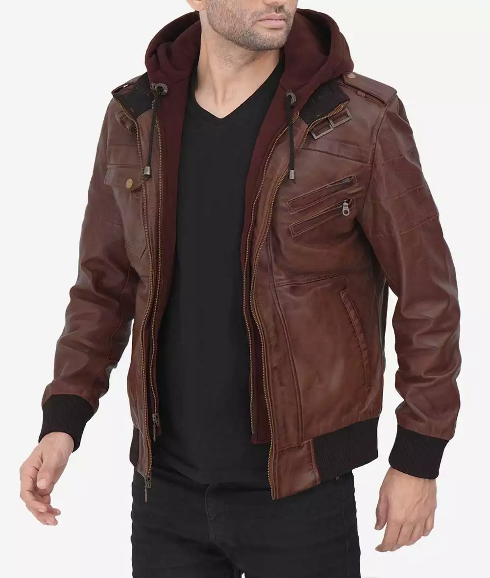 Men's Tall Dark Brown Bomber Leather Jacket with Removable Hood