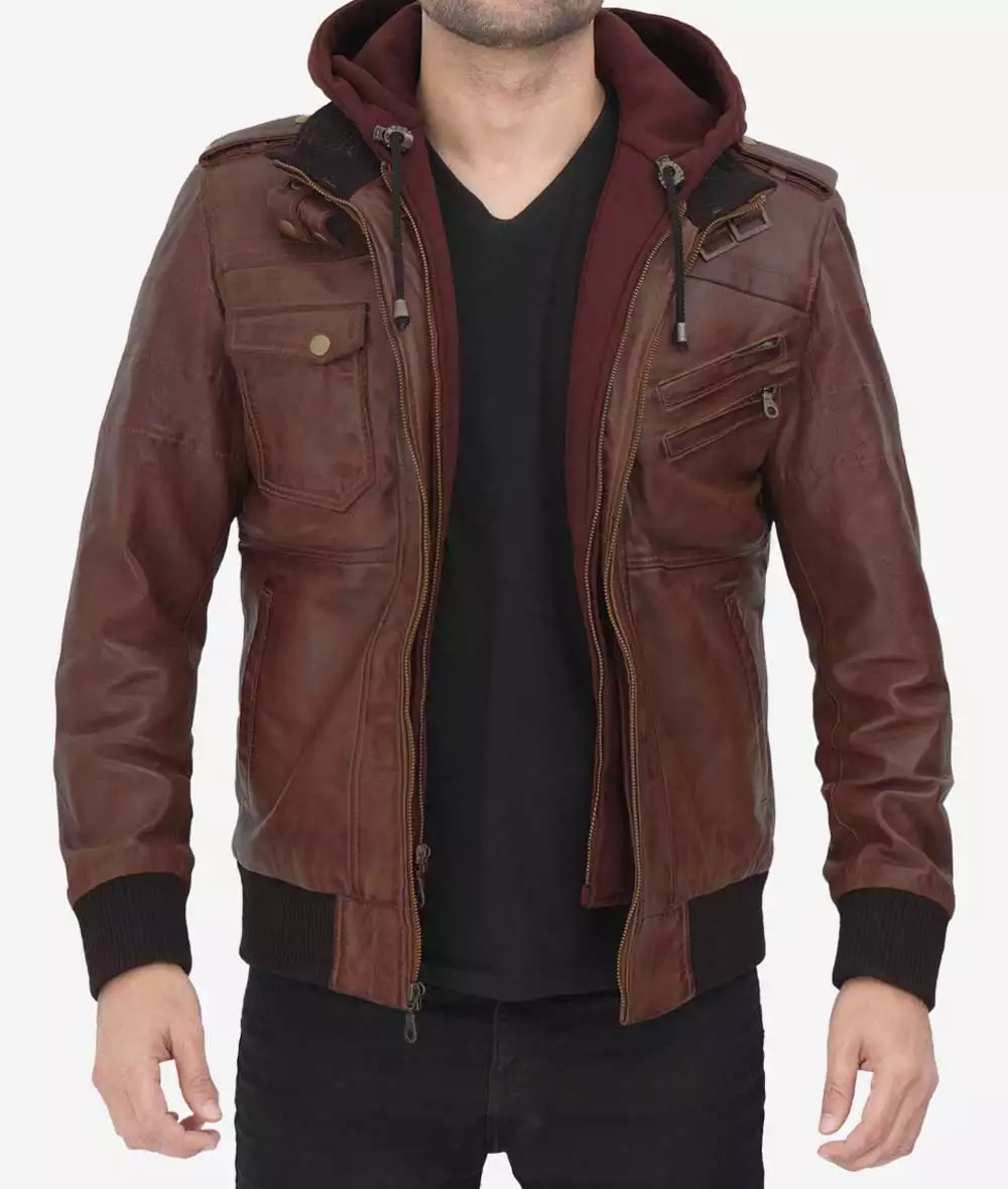 Men's Tall Dark Brown Bomber Leather Jacket with Removable Hood