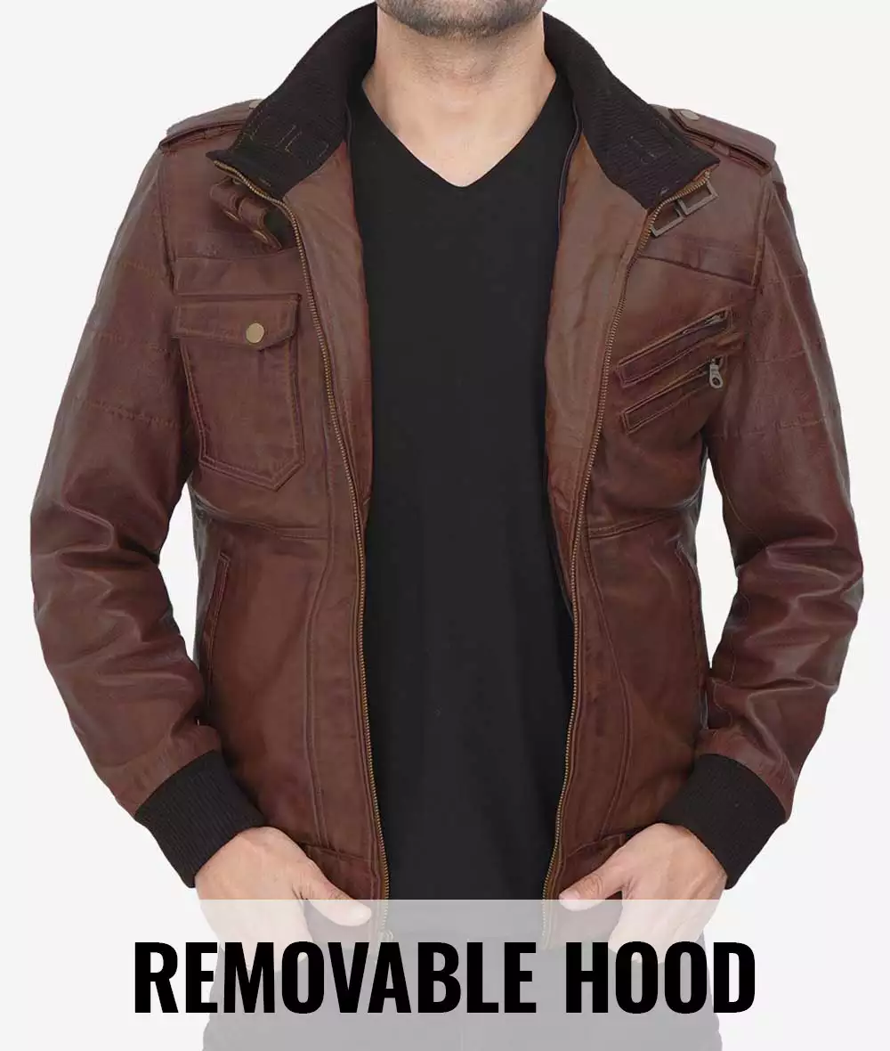 Men's Tall Dark Brown Bomber Leather Jacket with Removable Hood