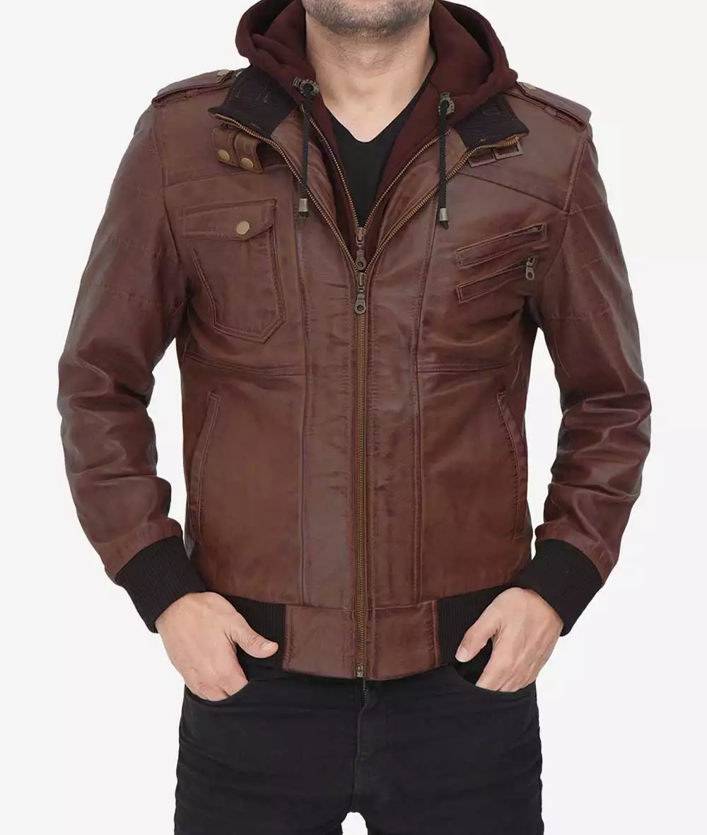 Men's Tall Dark Brown Bomber Leather Jacket with Removable Hood