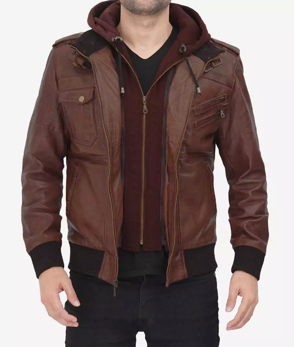 Men's Tall Dark Brown Bomber Leather Jacket with Removable Hood