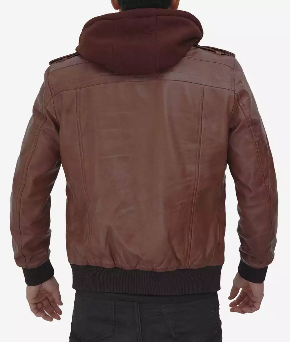 Men's Tall Dark Brown Bomber Leather Jacket with Removable Hood