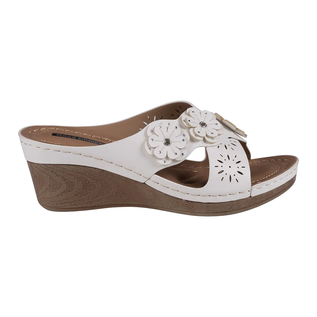 Miller White Cross Strap Floral Wedge Sandals