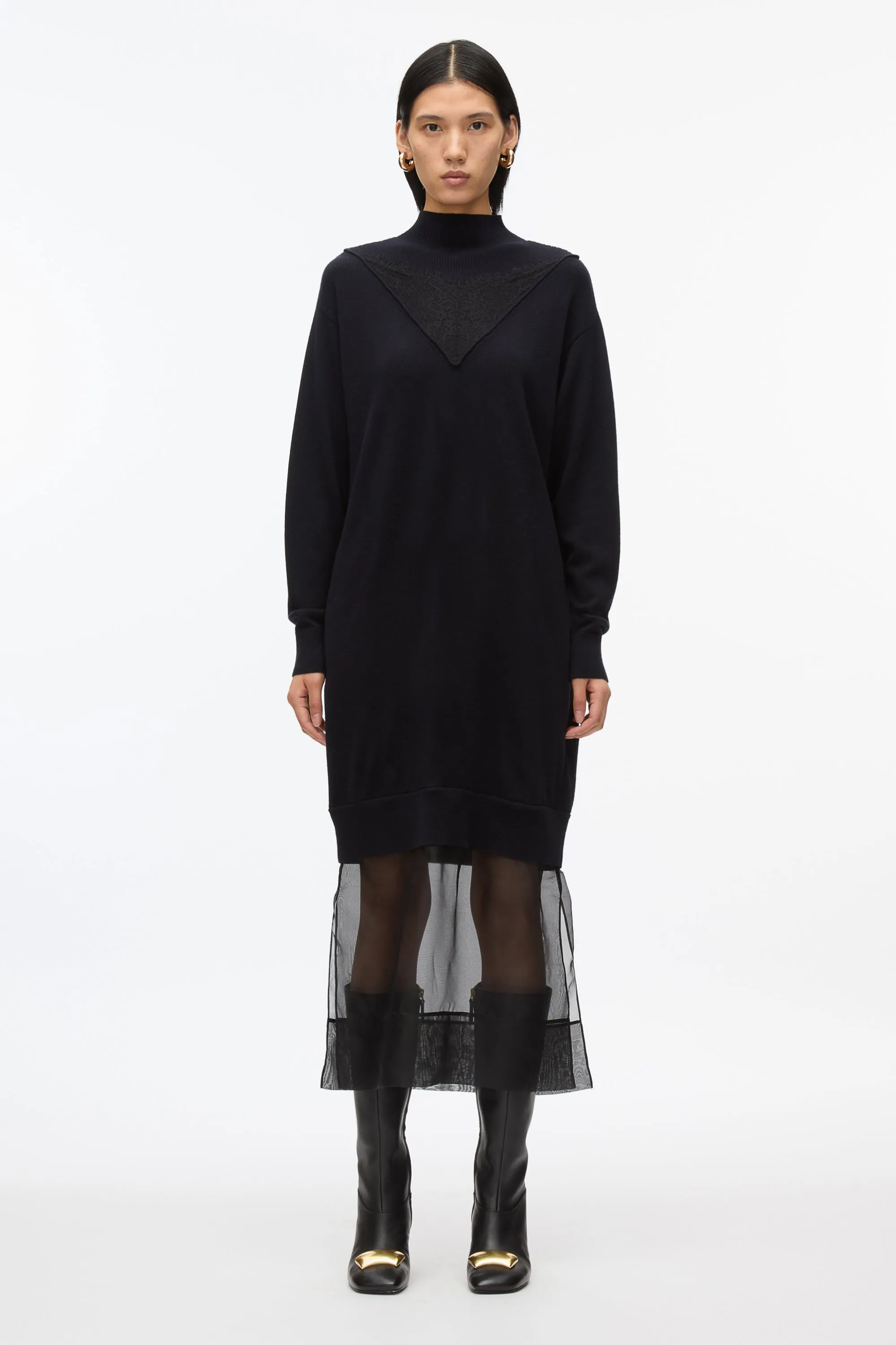 Mockneck Knit Dress with Lace Inlay