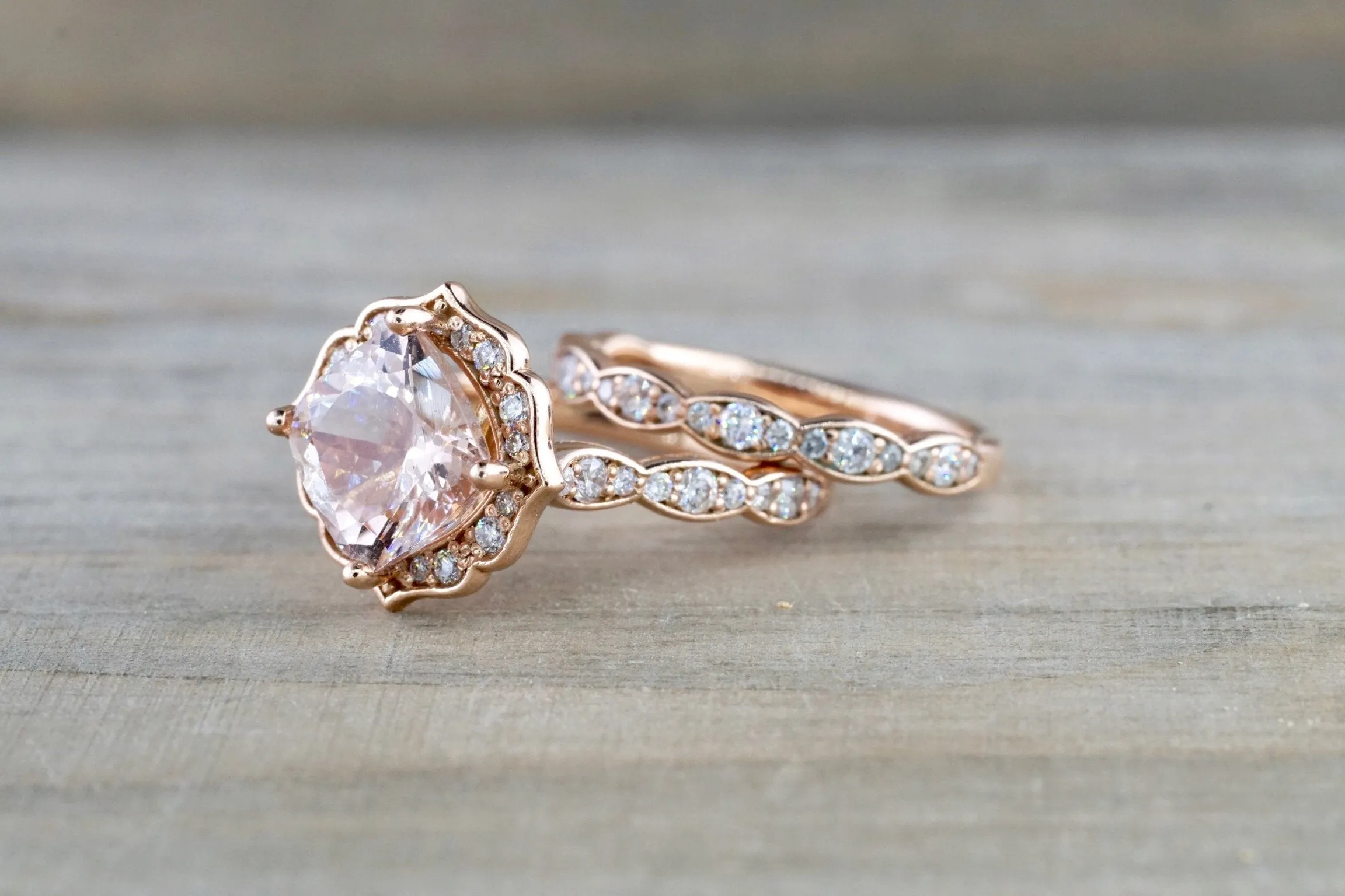 Morganite Wedding Set with Art Deco Cushion Design