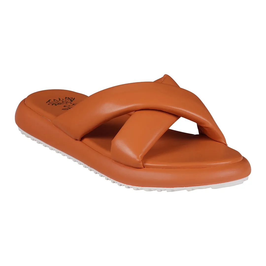 Nalani Orange Cross-Strap Slide Flat Sandals