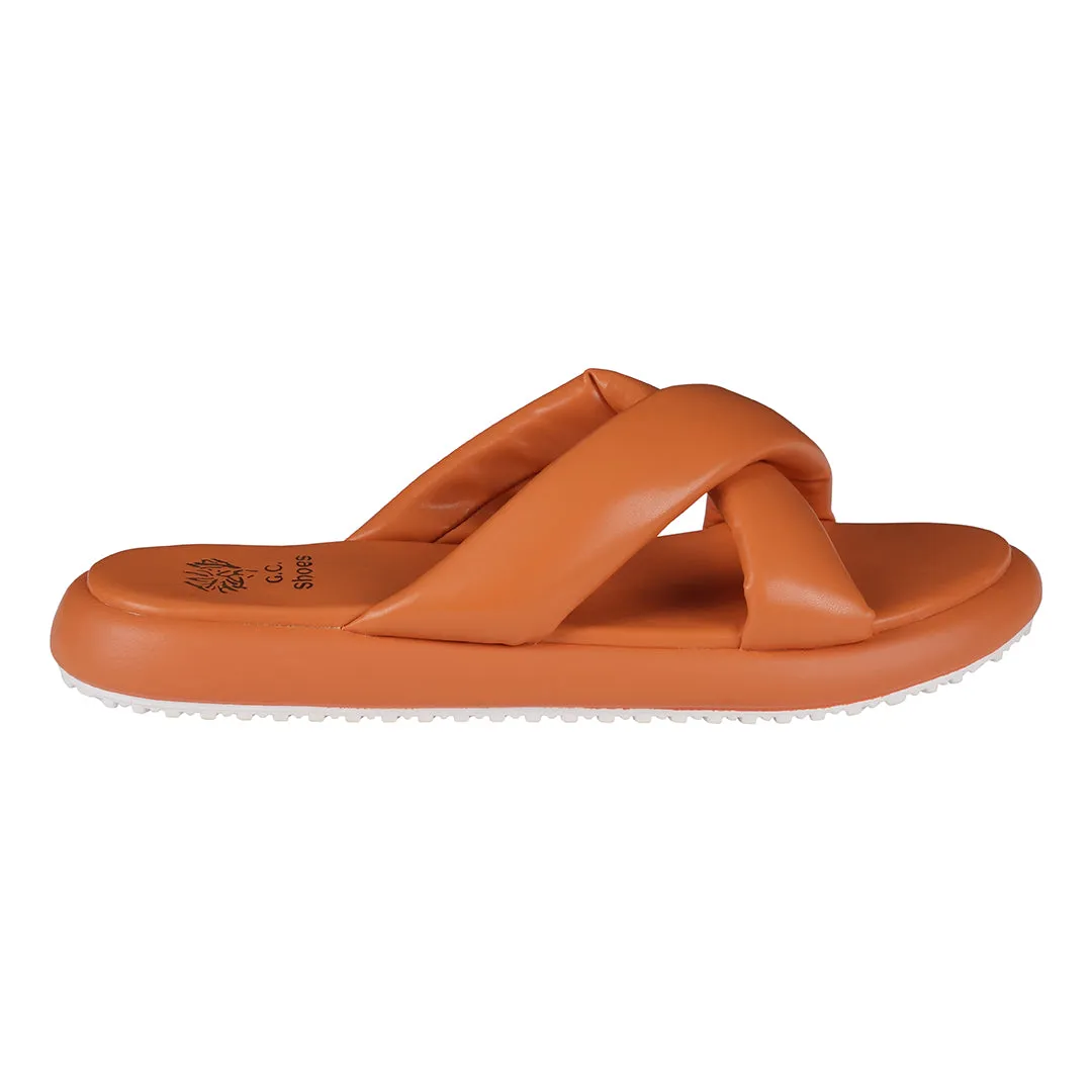 Nalani Orange Cross-Strap Slide Flat Sandals