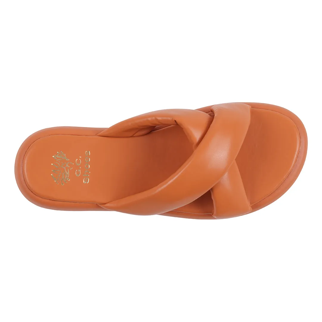 Nalani Orange Cross-Strap Slide Flat Sandals