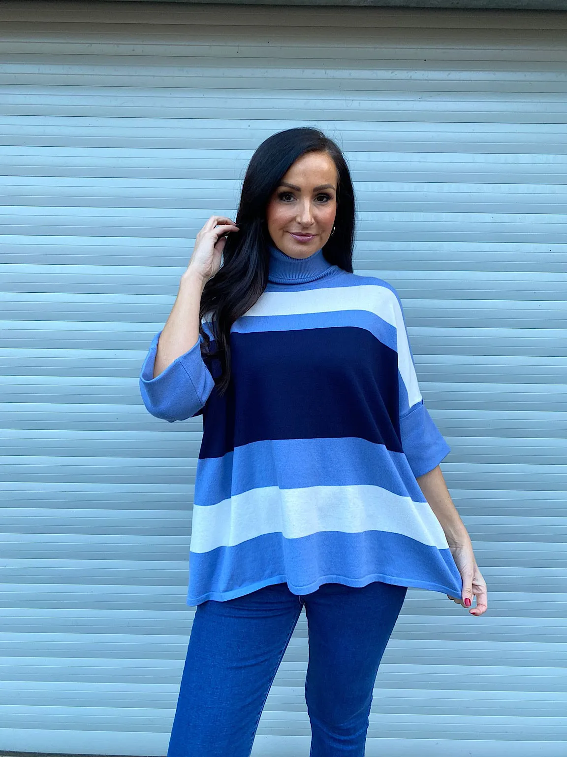 Navy Blue Striped Folded Sleeve Knit Top