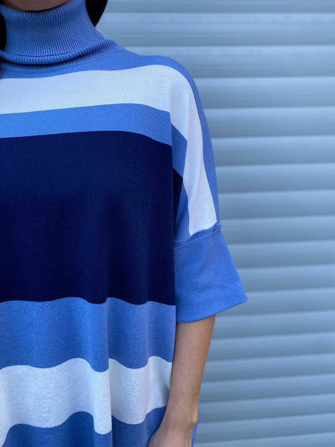 Navy Blue Striped Folded Sleeve Knit Top