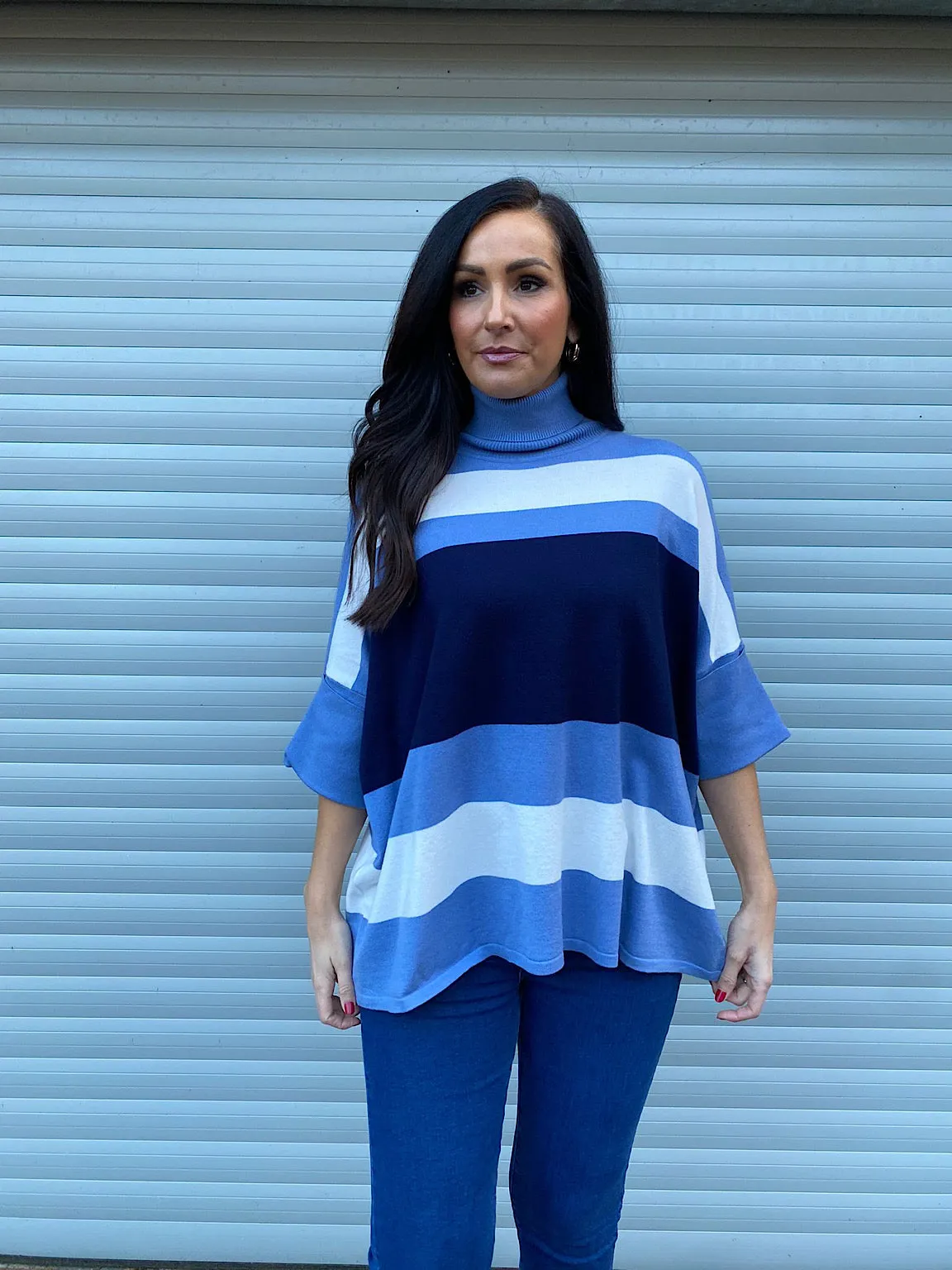 Navy Blue Striped Folded Sleeve Knit Top