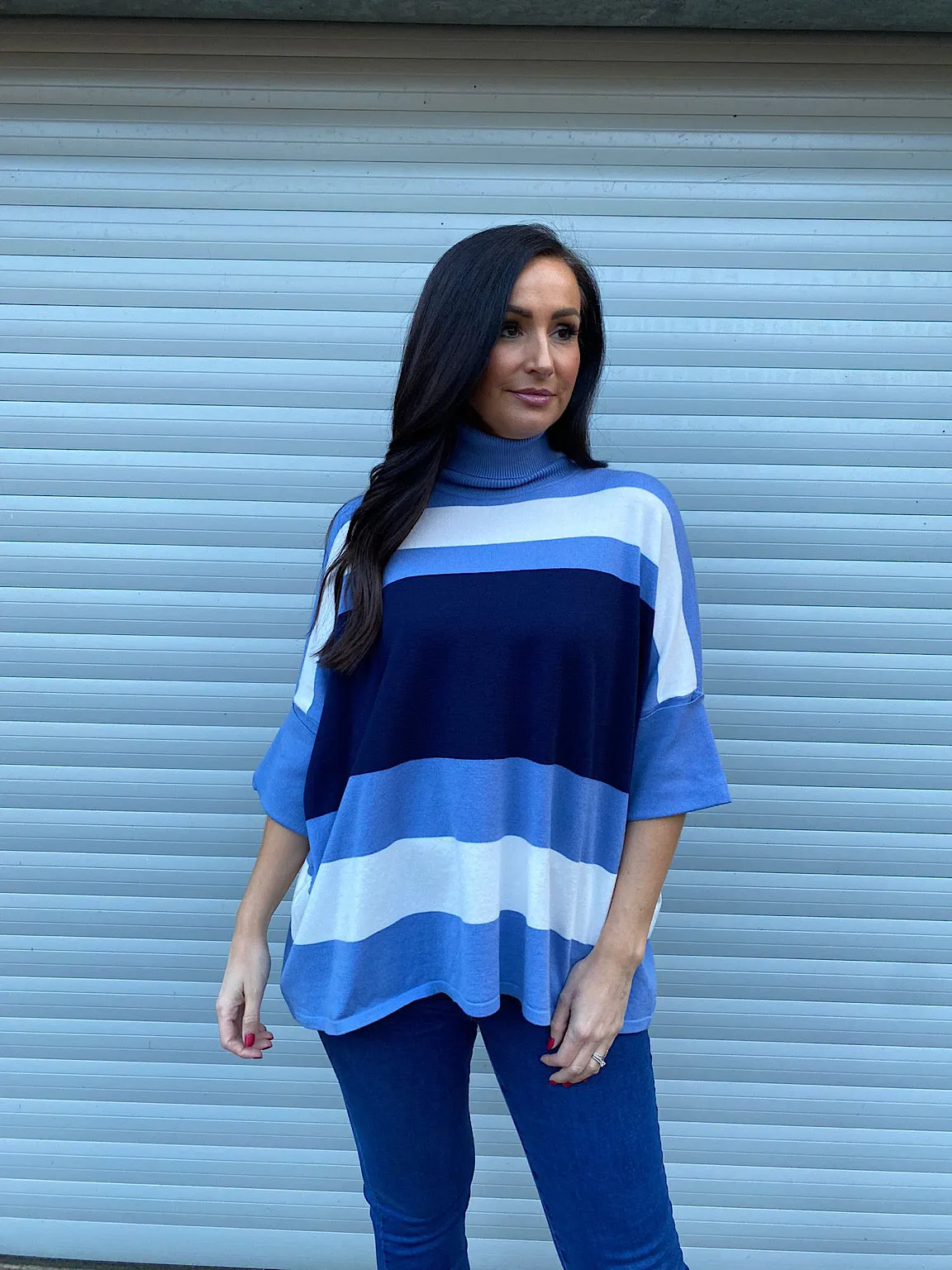 Navy Blue Striped Folded Sleeve Knit Top