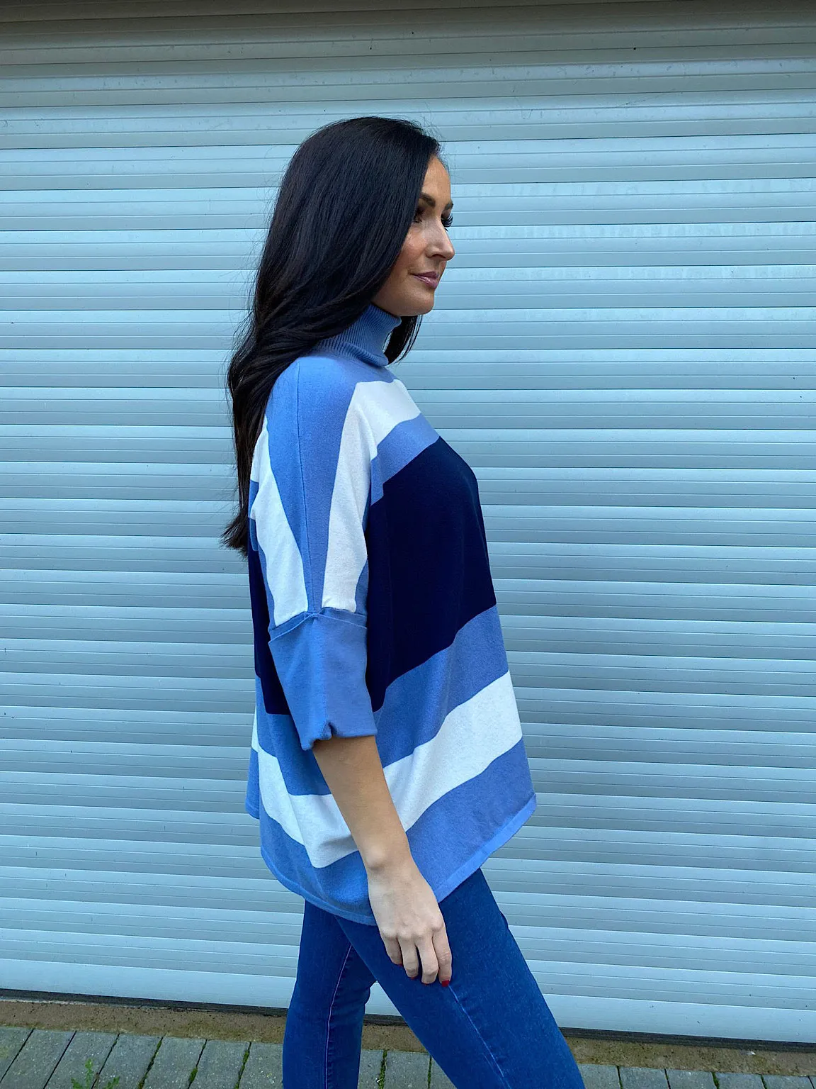 Navy Blue Striped Folded Sleeve Knit Top