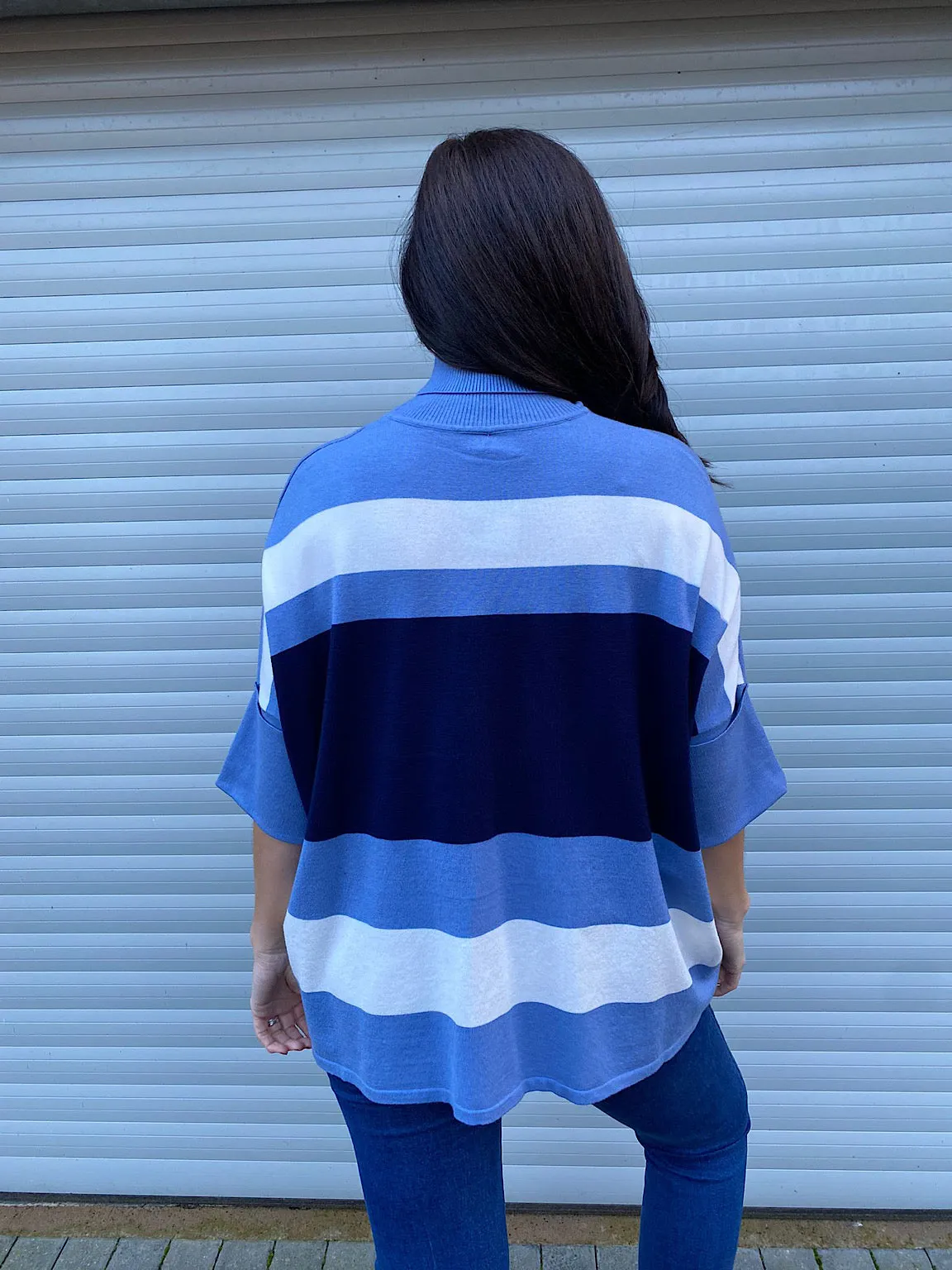 Navy Blue Striped Folded Sleeve Knit Top