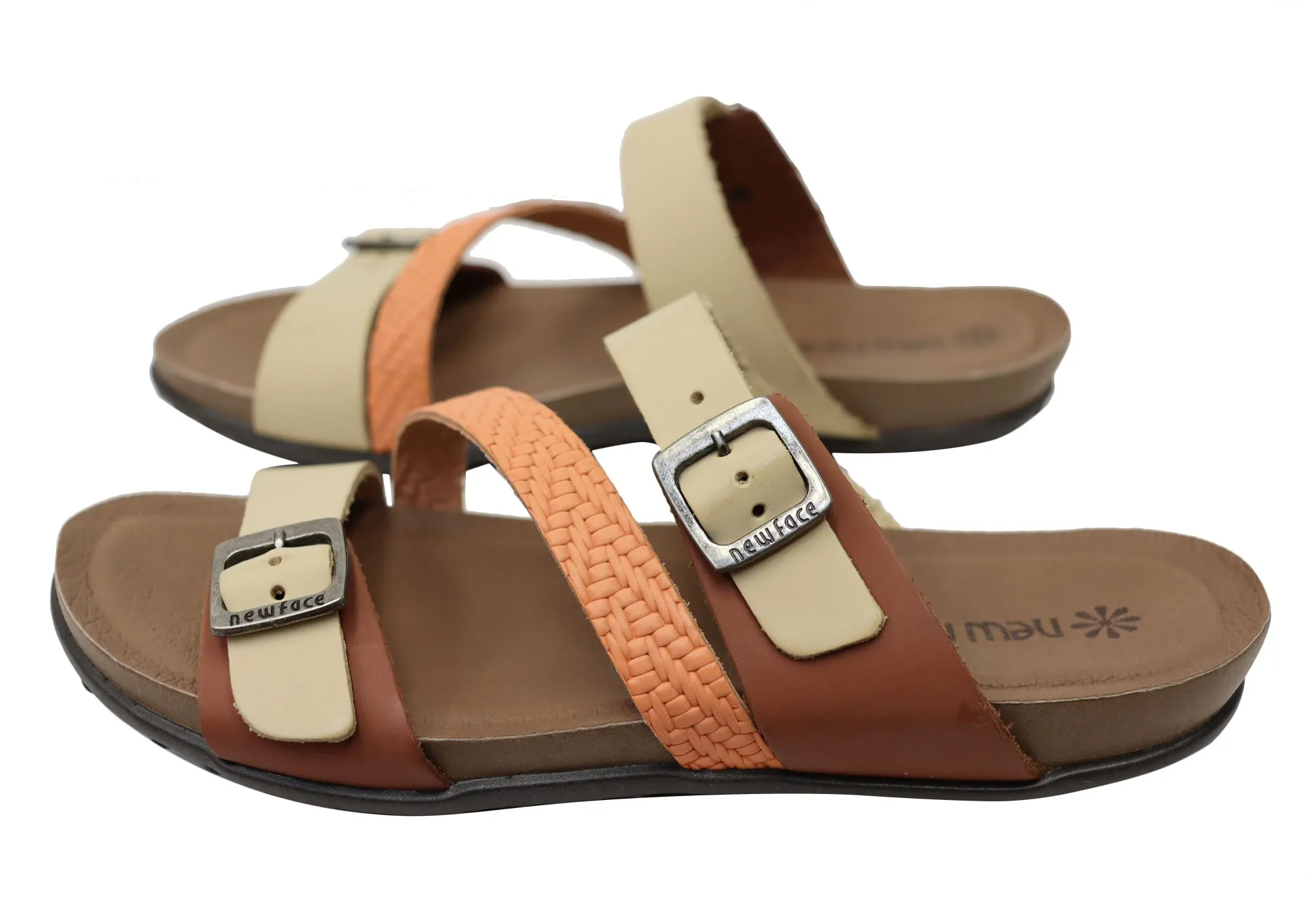 New Face Maxime Womens Comfort Leather Slides Sandals Made In Brazil