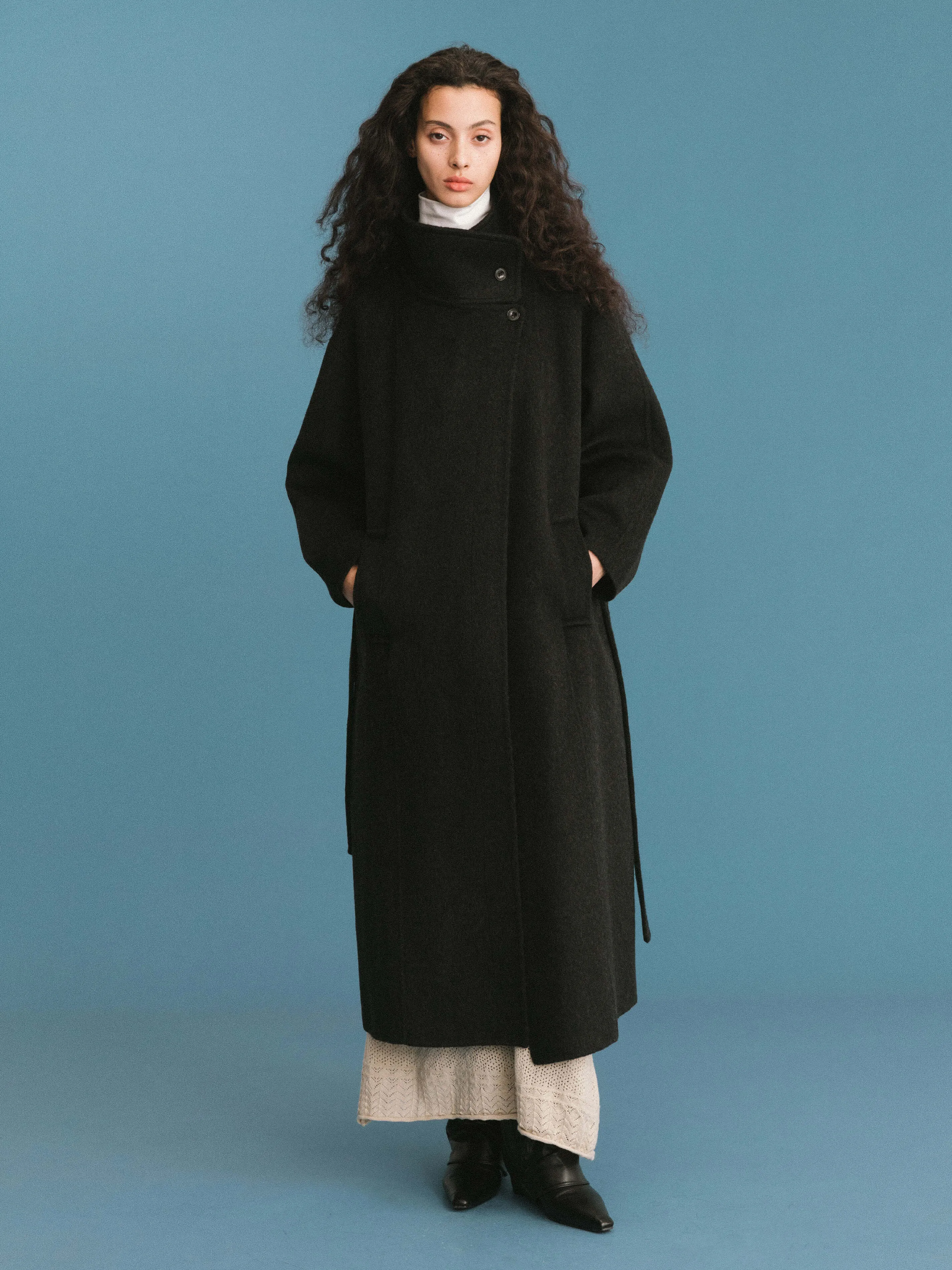 ONE BY CUBIC Double Face Tailored 100% Sheep Wool Coat with Belt