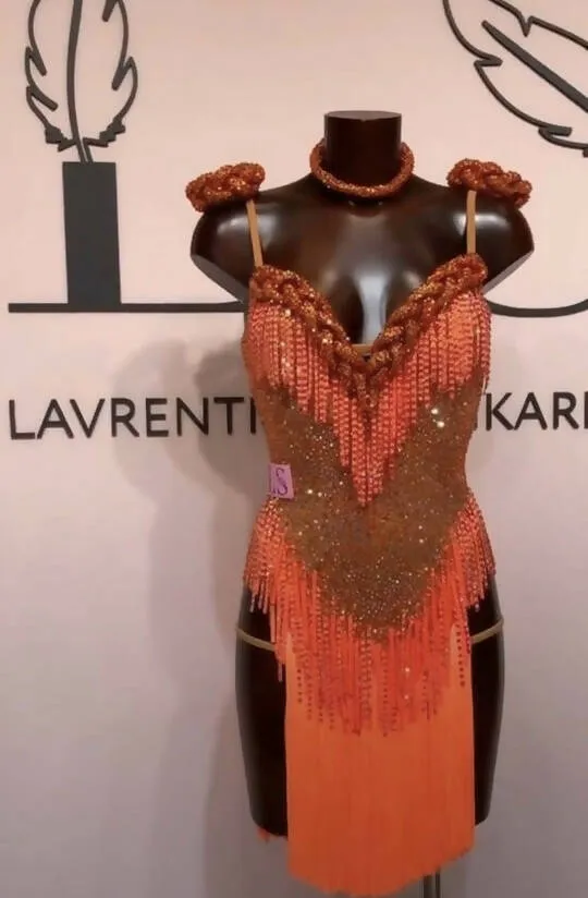 Orange Dress with Swarovski Crystals in Latin Style