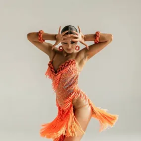 Orange Dress with Swarovski Crystals in Latin Style