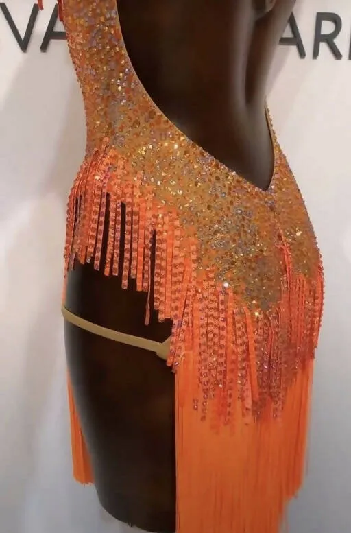 Orange Dress with Swarovski Crystals in Latin Style