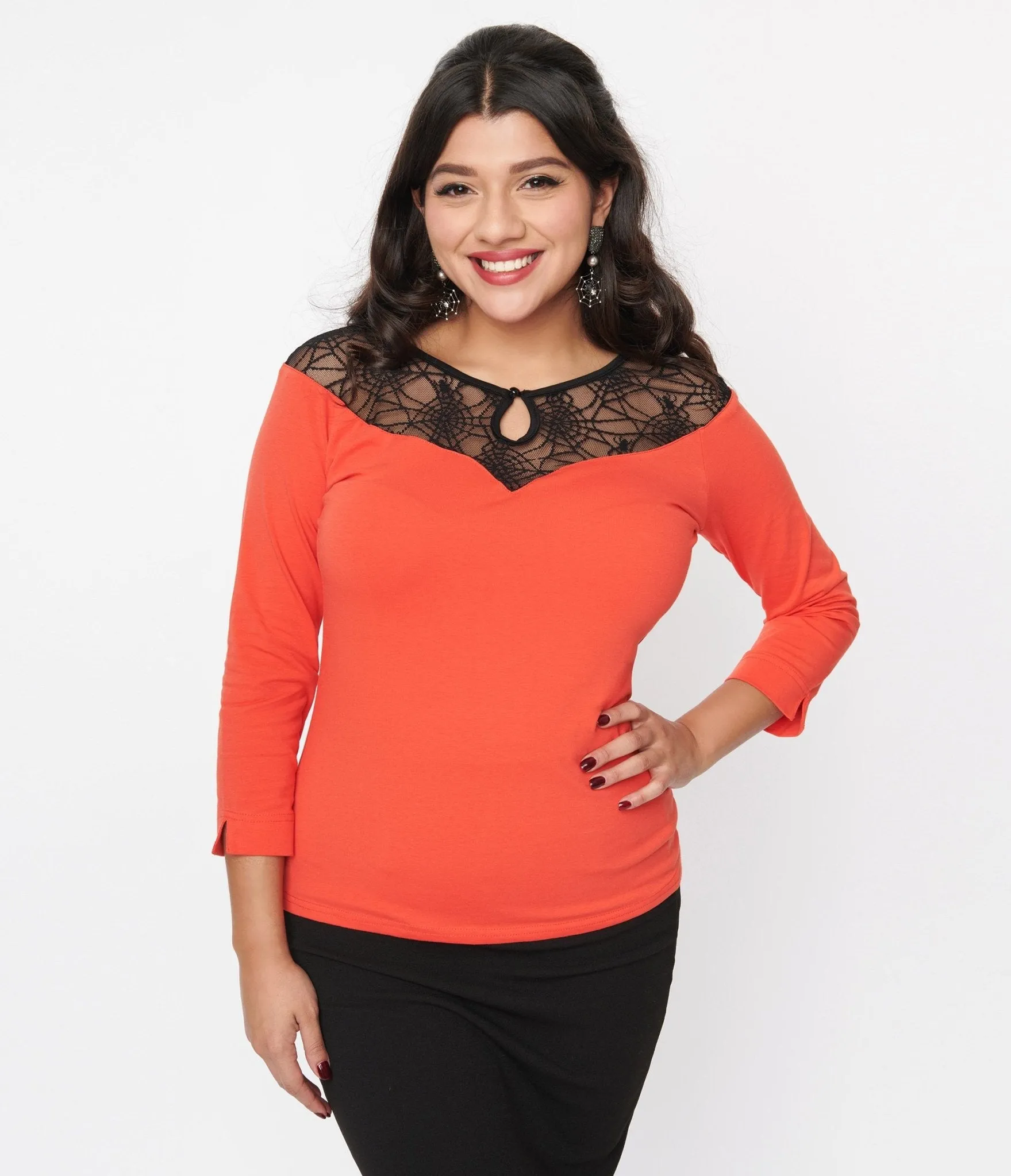 Orange Lace Collar Top with Spiderweb Design