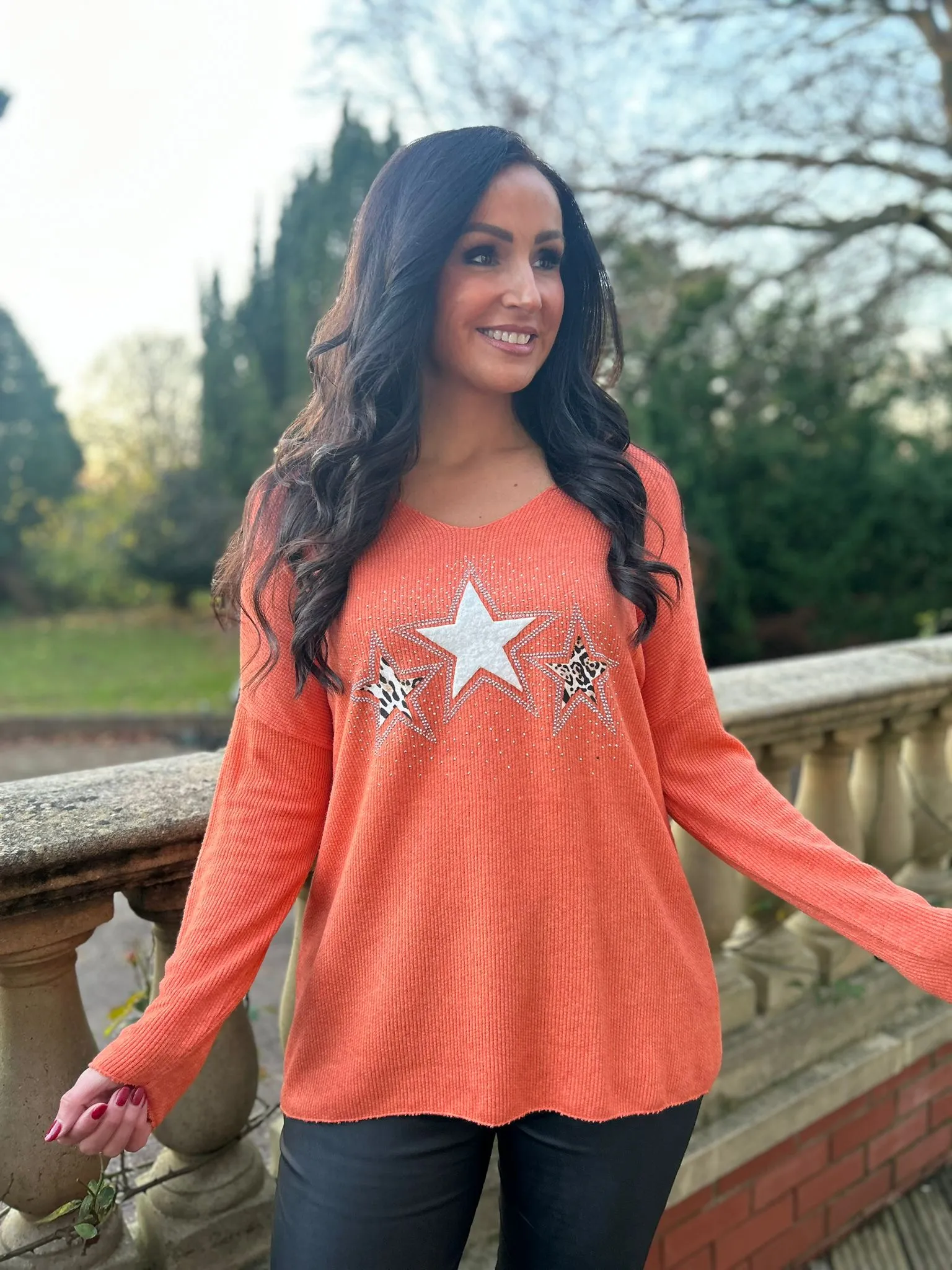 Orange V Neck Sparkle Star Knit Chloe could be revised as Orange Star Sparkle Knit V Neck Chloe for better search engine optimiz