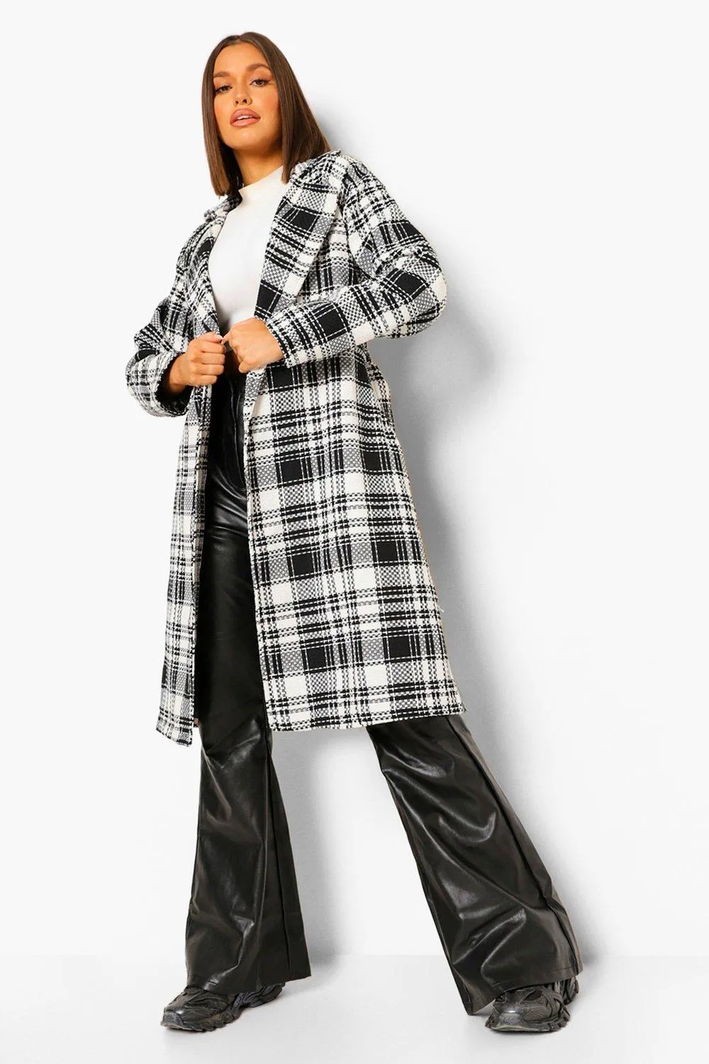 Oversized Check Belted Wool Look Wrap Coat